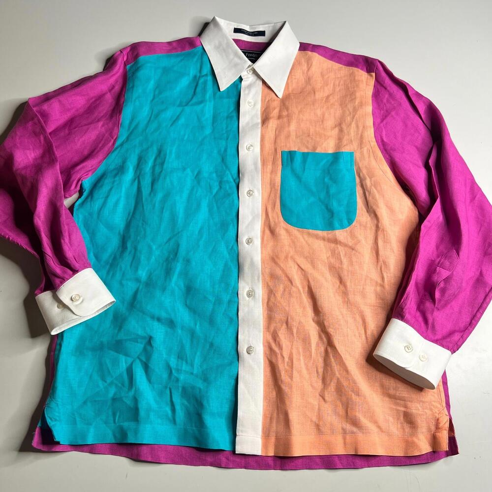 Paul Fredrick Colorblock Linen Button Up Shirt Multicolor Long Sleeve M